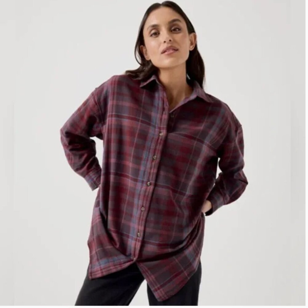 Women’s Fireside Flannel Button Up Shirt Eggplant Plaid 100% Organic Cotton M